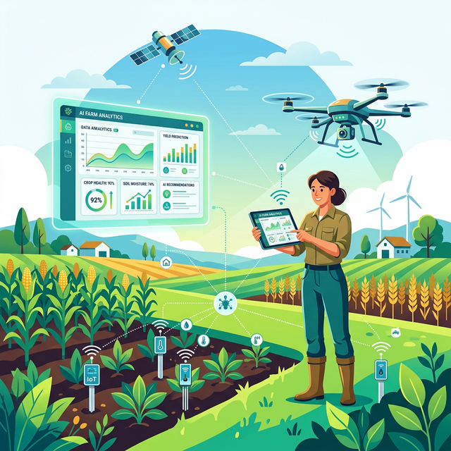 AgriSmart AI ecosystem illustration showing farmer with AI tools