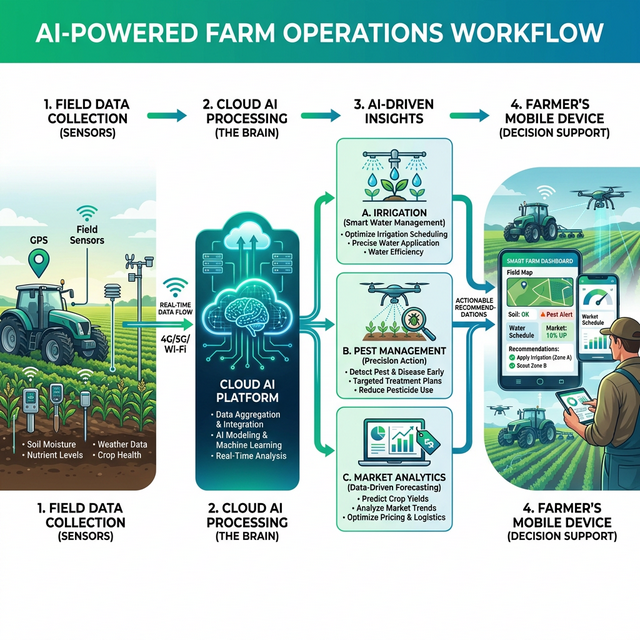 AI-Farm workflow architecture diagram showing data flow from sensors to AI to farmer insights